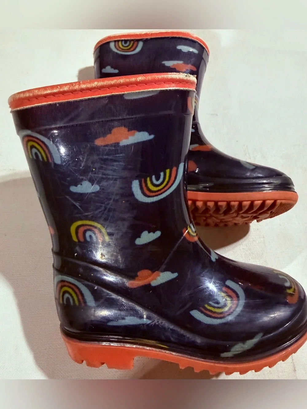 Carter's Navy Rain Boots with Rainbow & Orange Accents